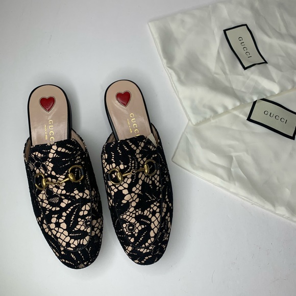 Gucci Shoes Princetown Gold Horsebit Black Gold Lace Loafer‎ Mules EU 35 - Picture 1 of 12